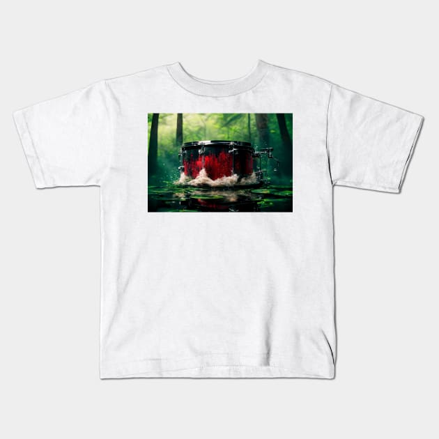 Drummer ArtWork With Water Splashing In The Forest Lake Kids T-Shirt by Unwind-Art-Work